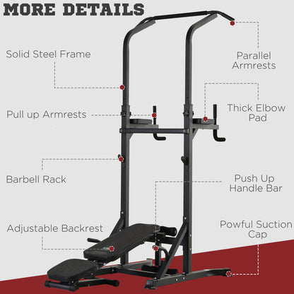 HOMCOM Pull Up Station with Adjustable Weight Bench, Dip Station and Barbell Rack, Multi-Function Power Tower Free Standing Pull Up Bar for Home Gym 