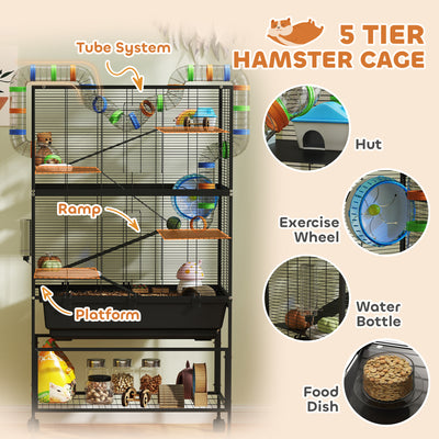 PawHut 5 Tier Large Hamster Cage on Wheels with 17 cm Deep Tray, Storage Shelf for Syrian, Gerbil, Rats 