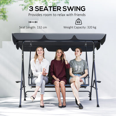 Outsunny 3 Seater Swing Chair, Garden Swing Seat Bench with Adjustable Canopy, Rattan Seat and Steel Frame for Patio, Yard, Grey 
