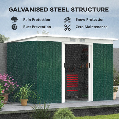 Outsunny 9ft x 4ft Metal Garden Shed, Outdoor Tool House with Foundation Kit, Ventilations and Double Doors, Deep Green 