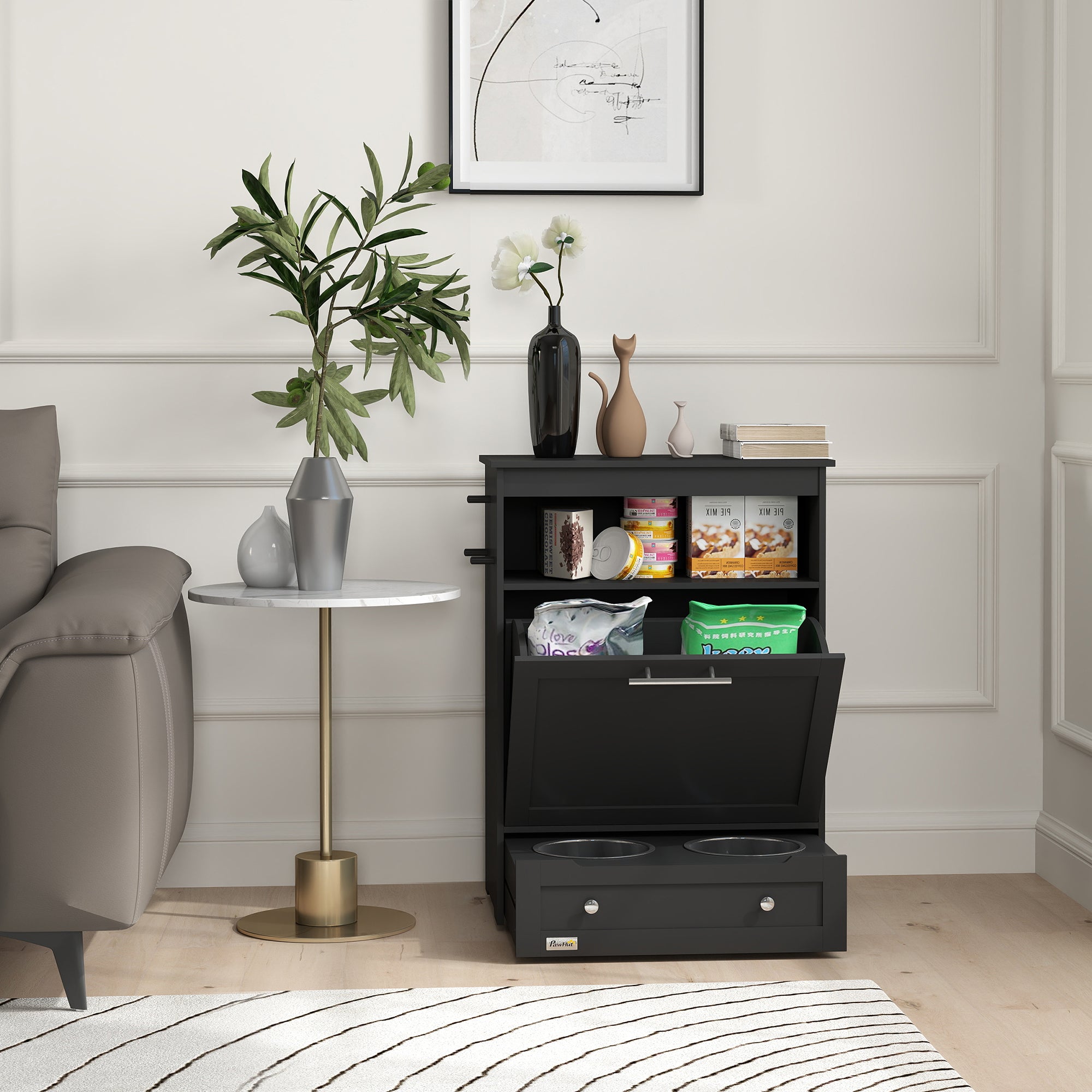 PawHut Pet Feeder Station, Dog, Cat Storage Container, with Raised Bowls, Hanger, Cabinet - Black 