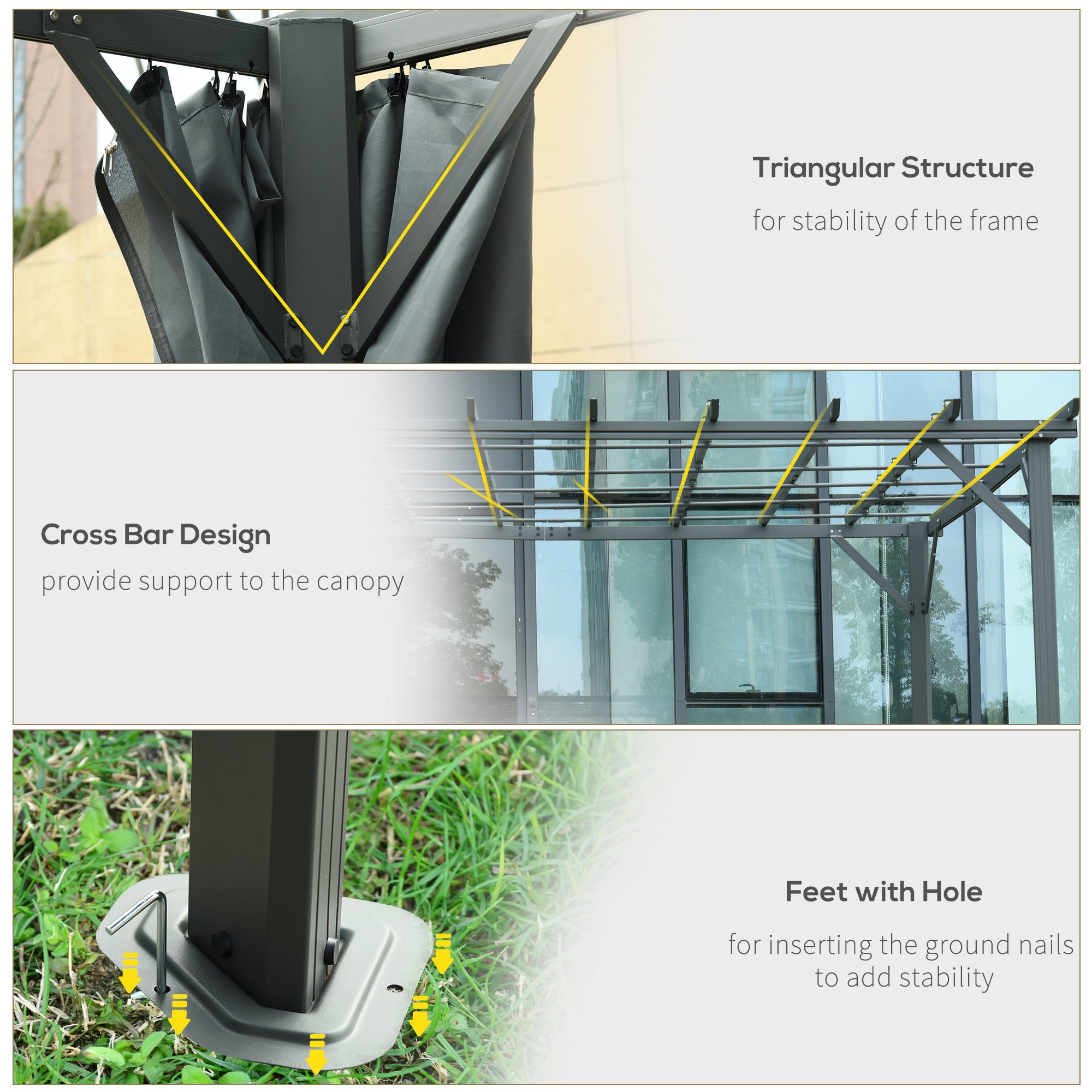 Outsunny 3.6 x 3(m) Outdoor Pergola with Retractable Roof and Curtains, Garden Gazebo Canopy Sun Shade Shelter with Aluminum Frame, Dark Grey 