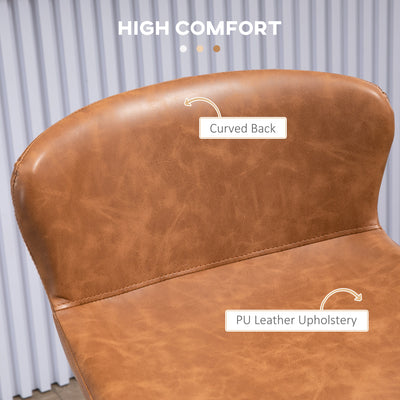 HOMCOM Bar Stools Set of 2, PU Leather Upholstered Bar Chairs, Kitchen Stools with Backs and Steel Legs for Dining Room, Brown 