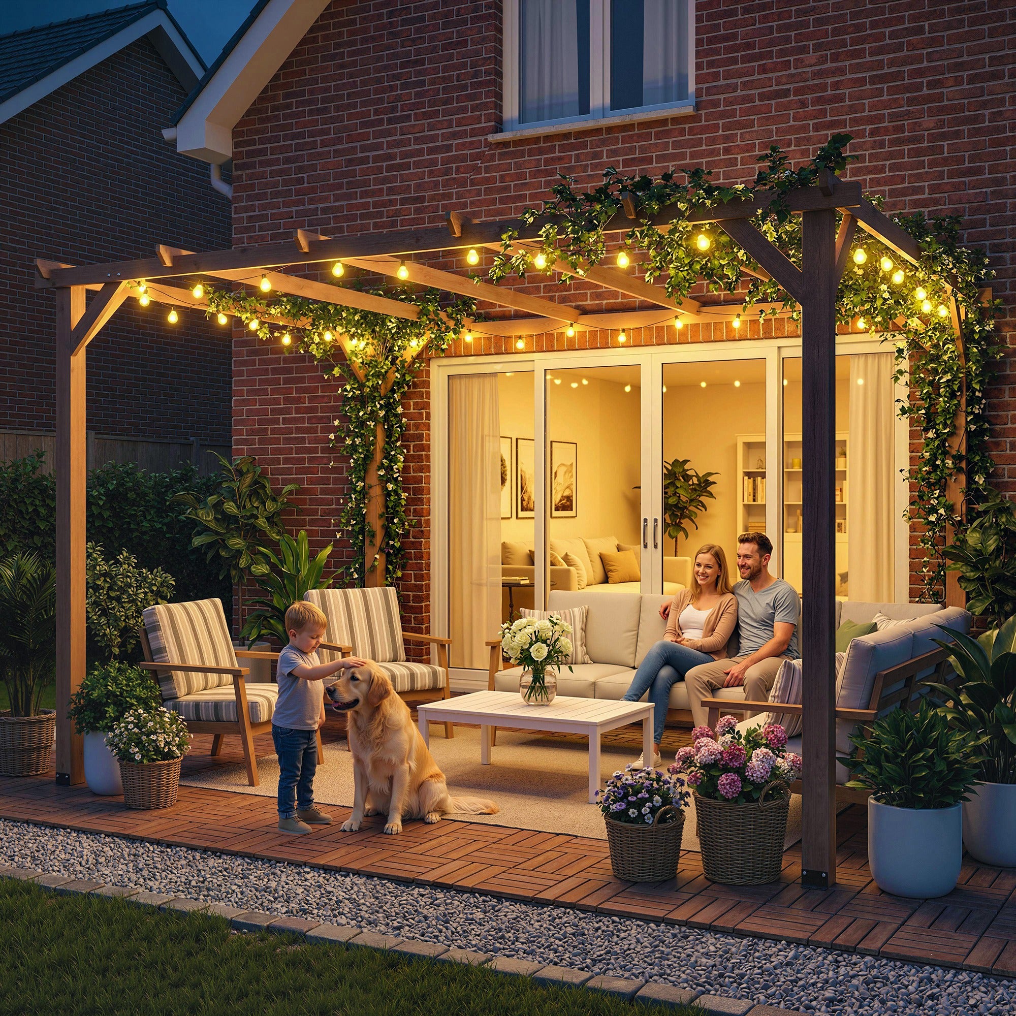Outsunny 4 x 3 m Wooden Pergola Kit, Garden Pergola Gazebo Grape Trellis with Triangle Supports, 6 Beams, Maple Wood-effect 