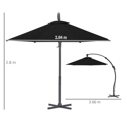 Outsunny 3(m) Garden Cantilever Parasol, Round Overhanging Umbrella with Crank Handle, Cross Base, Aluminium Frame and 360° Rotation, Banana Patio Umbrella for Outdoor Sun Shade, Black 