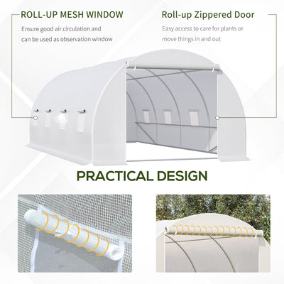 Outsunny 6 x 3 x 2 m Polytunnel Greenhouse, Walk in Polytunnel Tent with Metal Frame, Zippered Door and 8 Windows for Garden and Backyard, White 