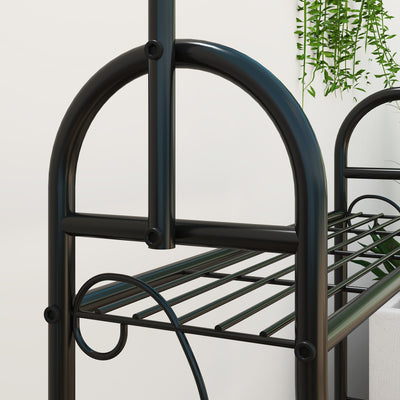 Outsunny 3 Tier Plant Stand with Hanging Rod and Hooks, Metal Plant Rack Shelf, Ladder Flower Pot for Indoor Outdoor Porch Balcony Living Room Bedroom, Black 