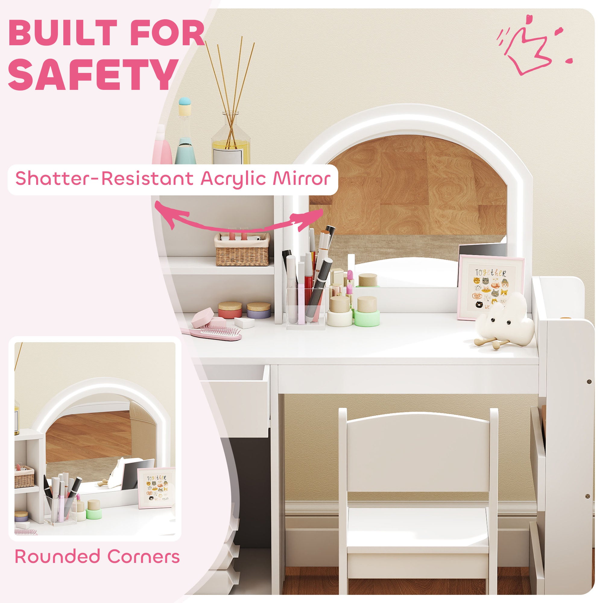 AIYAPLAY Kids Vanity Table and Chair Set, Girls Dressing Table with 2-Colour LED Mirror, Stool, Cabinet, Drawer, Shelves, White 