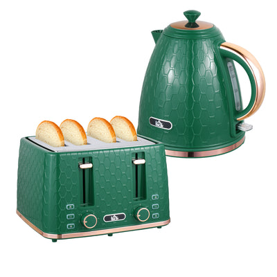HOMCOM Kettle and Toaster Set, 1.7L 3000W Fast Boil Jug Kettle with Auto Shut Off, 4 Slice Toaster with 7 Level Browning Controls & Crumb Tray, Green 