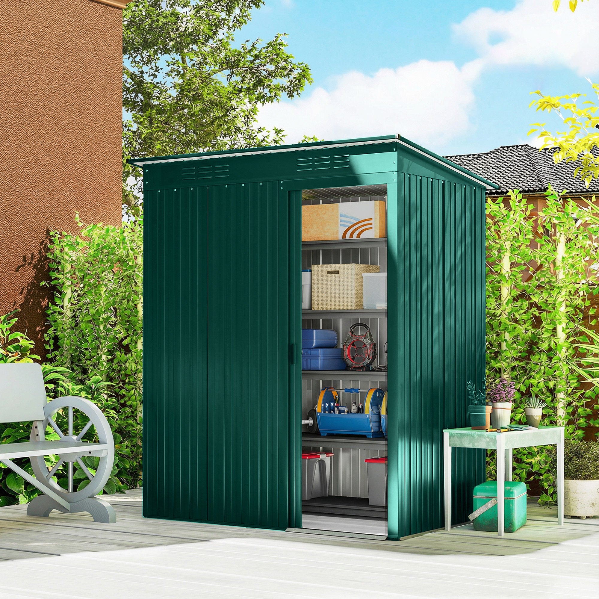 Outsunny 5 x 3.5ft Metal Garden Storage Shed with Effortless Assembly and 2 Pairs of Gloves, Waterproof Outdoor Shed, Green 