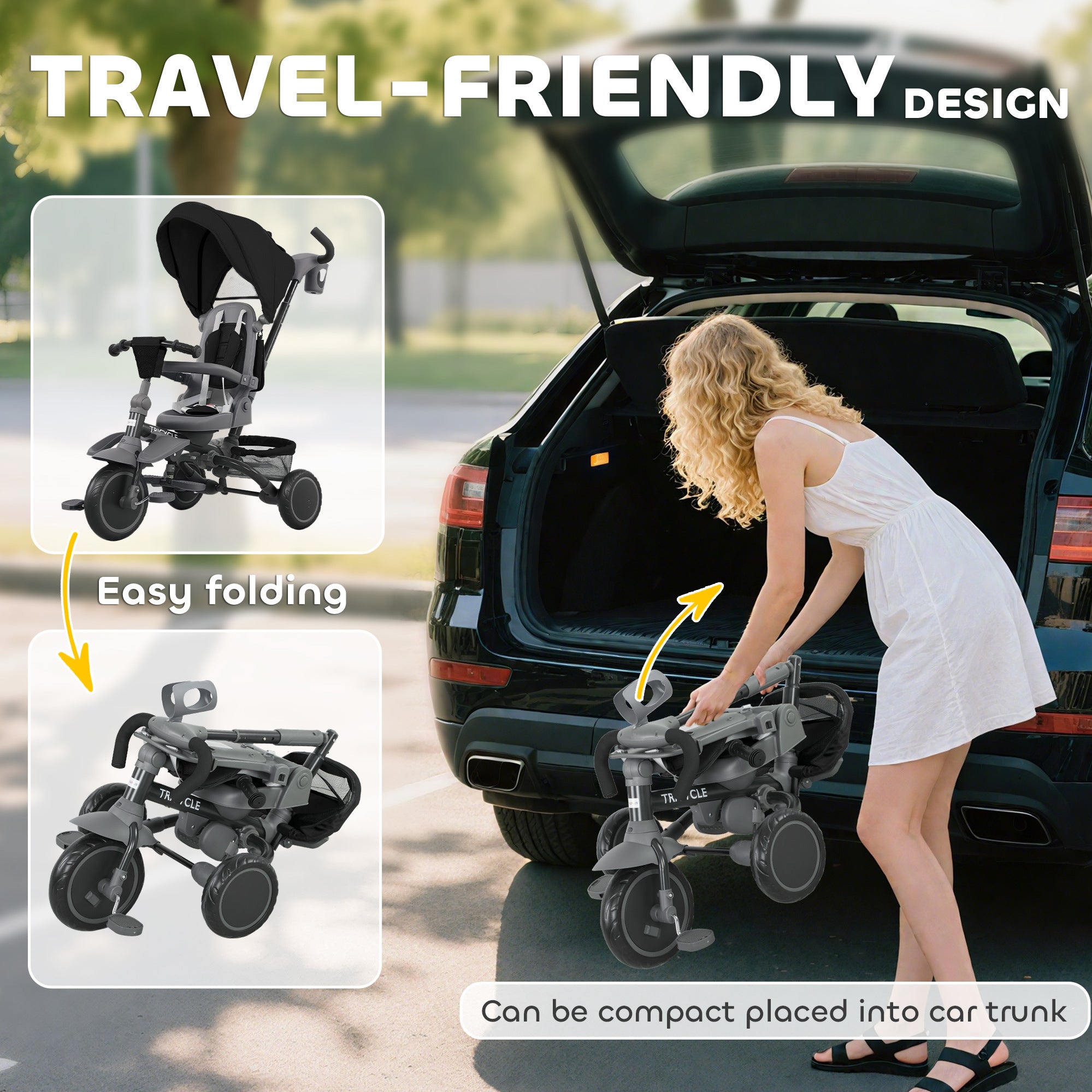 AIYAPLAY 6 in 1 Foldable Kids Trike with Adjustable Parent Handle & Canopy for Ages 1-5, Black