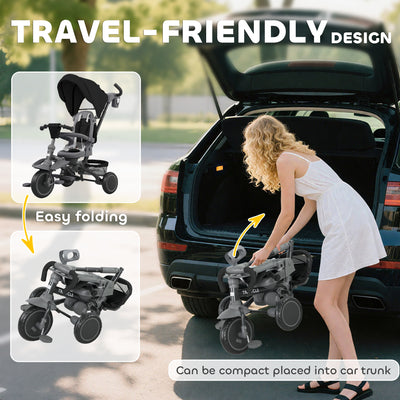 AIYAPLAY 6 in 1 Foldable Kids Trike with Adjustable Parent Handle & Canopy for Ages 1-5, Black 