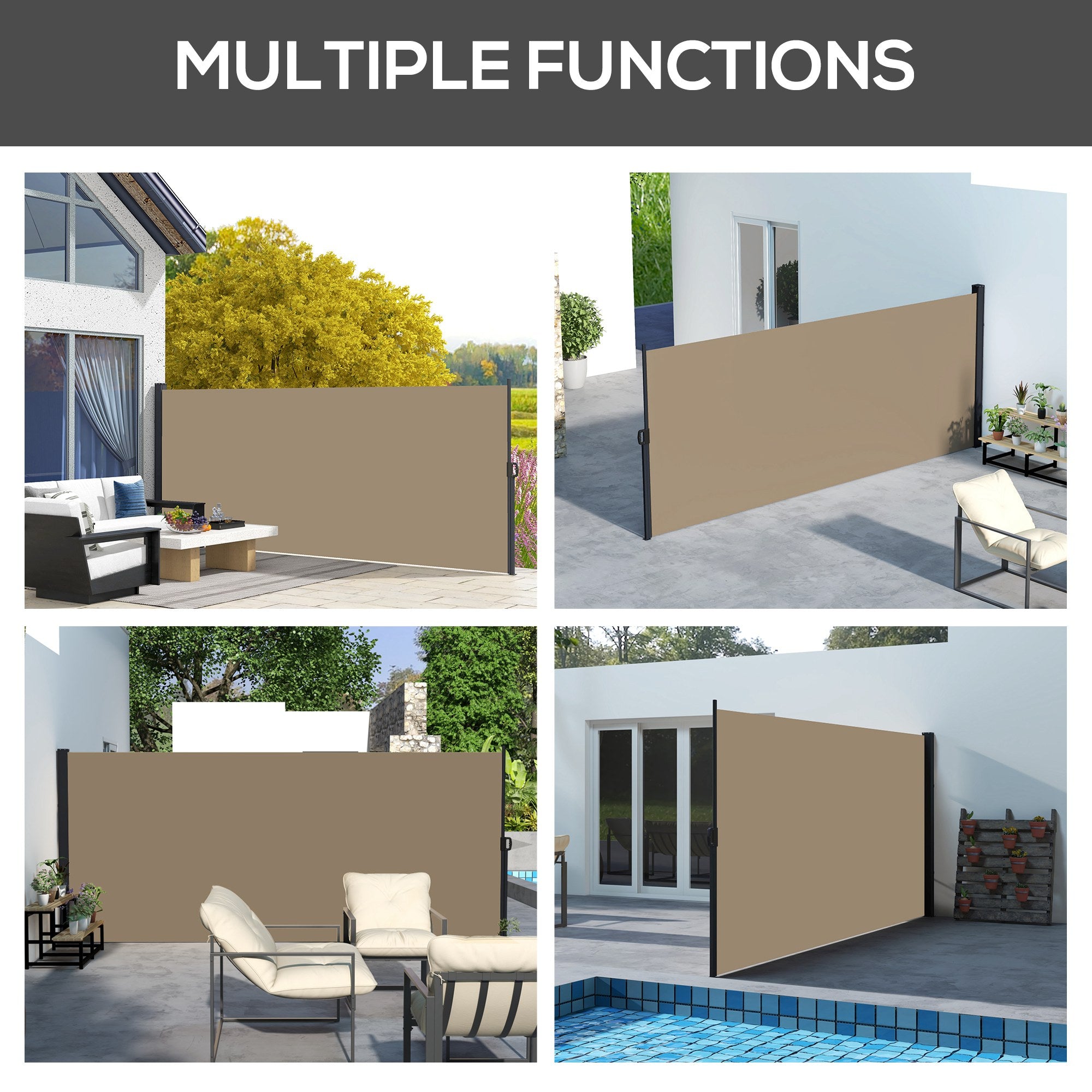 Outsunny Retractable Side Awning, Outdoor Privacy Screen for Garden, Hot Tub, Balcony, Terrace, Pool, 400 x 180cm, Khaki
