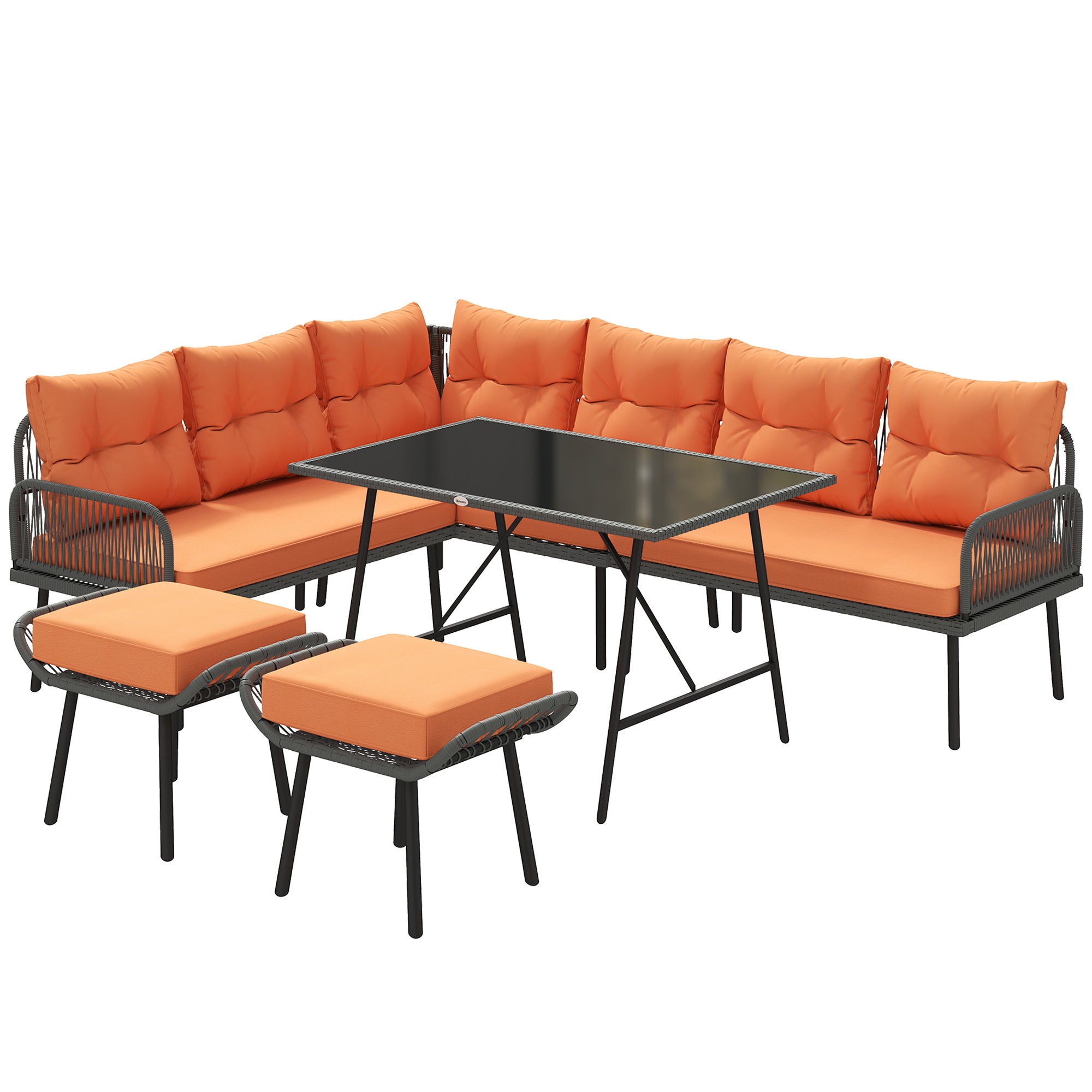 Outsunny 6 Piece Rattan Garden Furniture Set, 8 Seater Garden Corner Sofa with Cushions and Glass Top Table, Orange 