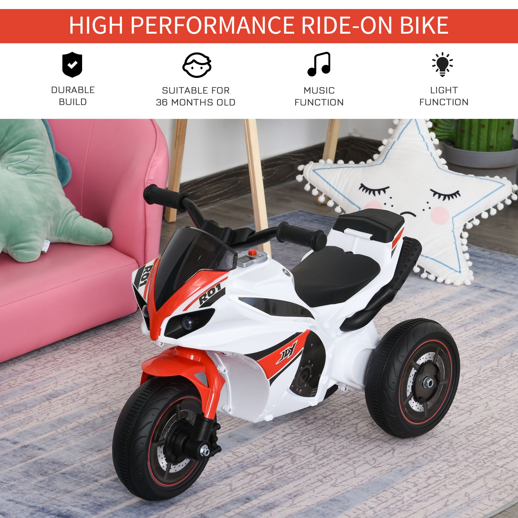 HOMCOM Kids Ride-On Police Bike 3-Wheel Vehicle w/ Music Lights Safe Seat Handlebars Toddler NO POWER Child Learning Fun Development 18-36 Months White 