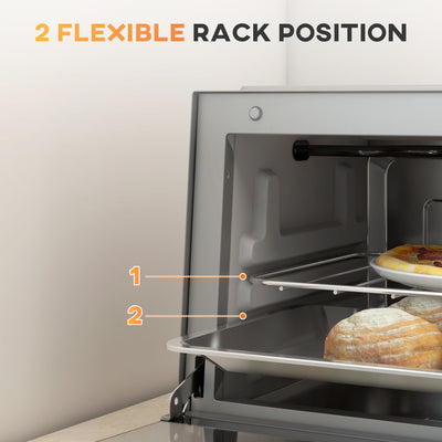 HOMCOM Mini Oven, 9L Countertop Electric Grill, Toaster Oven with Adjustable Temperature, Timer, Dishwasher Safe Baking Tray and Wire Rack, 750W, Silver 