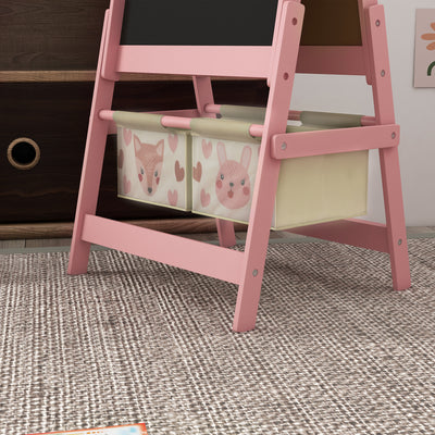 ZONEKIZ Kids Table and Chair Set and Kids Easel with Paper Roll, Storage Baskets, Kids Activity Furniture Set, Pink 