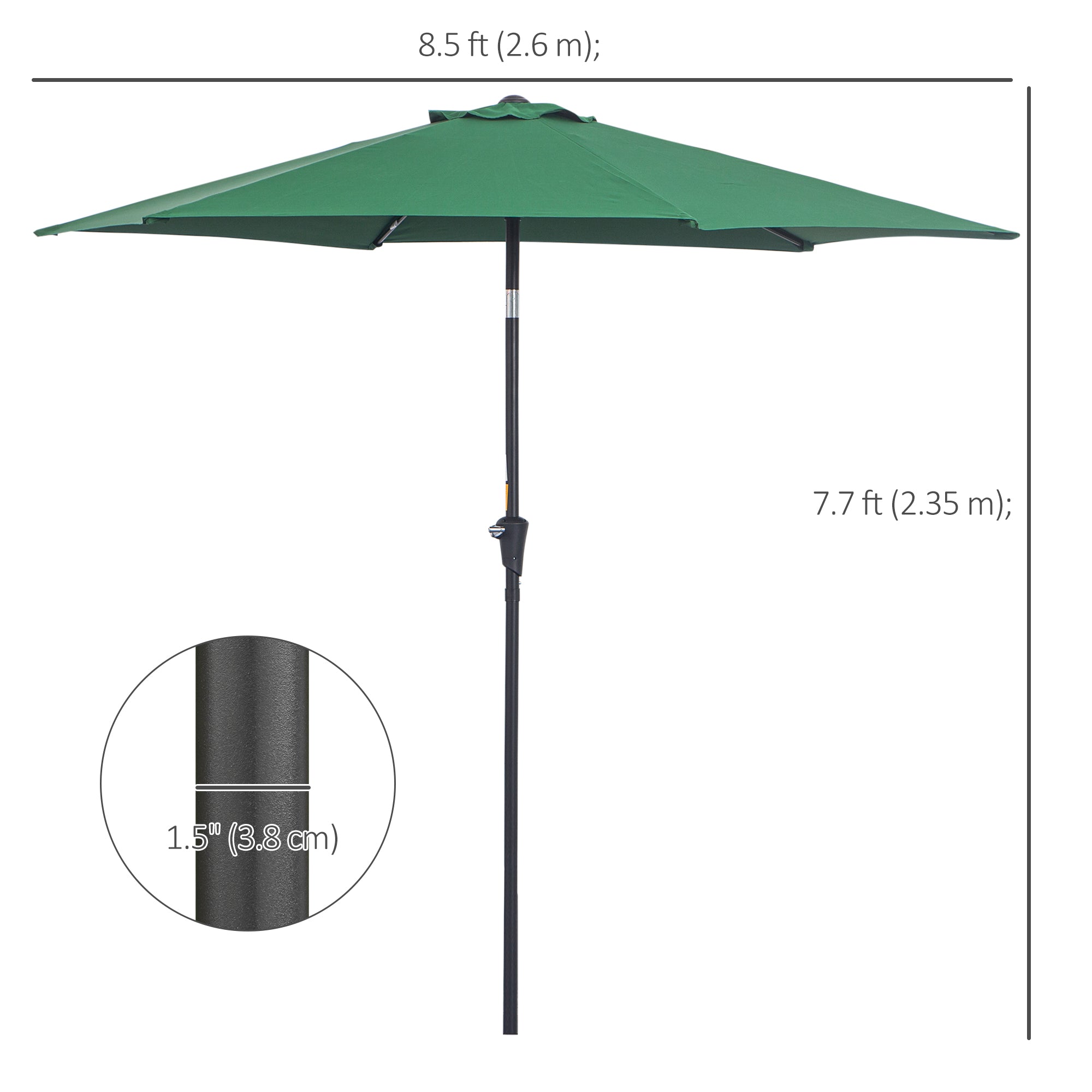 Outsunny 2.6M Garden Parasol Umbrella with Tilt and Crank, Outdoor Sun Parasol Sunshade Shelter with Aluminium Frame, Green 
