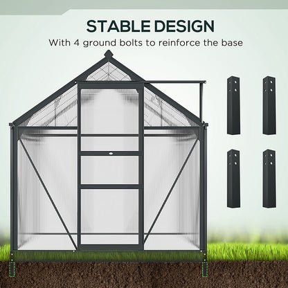 Outsunny 6 x 6ft Polycarbonate Greenhouse, Large Walk-In Green House with Slide Door and Window, Garden Plants Grow House with Aluminium Frame and Foundation, Grey 