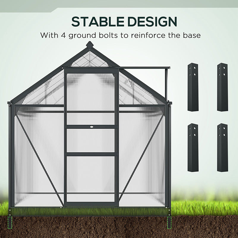 Outsunny 6 x 6ft Polycarbonate Greenhouse, Large Walk-In Green House with Slide Door and Window, Garden Plants Grow House with Aluminium Frame and Foundation, Grey 